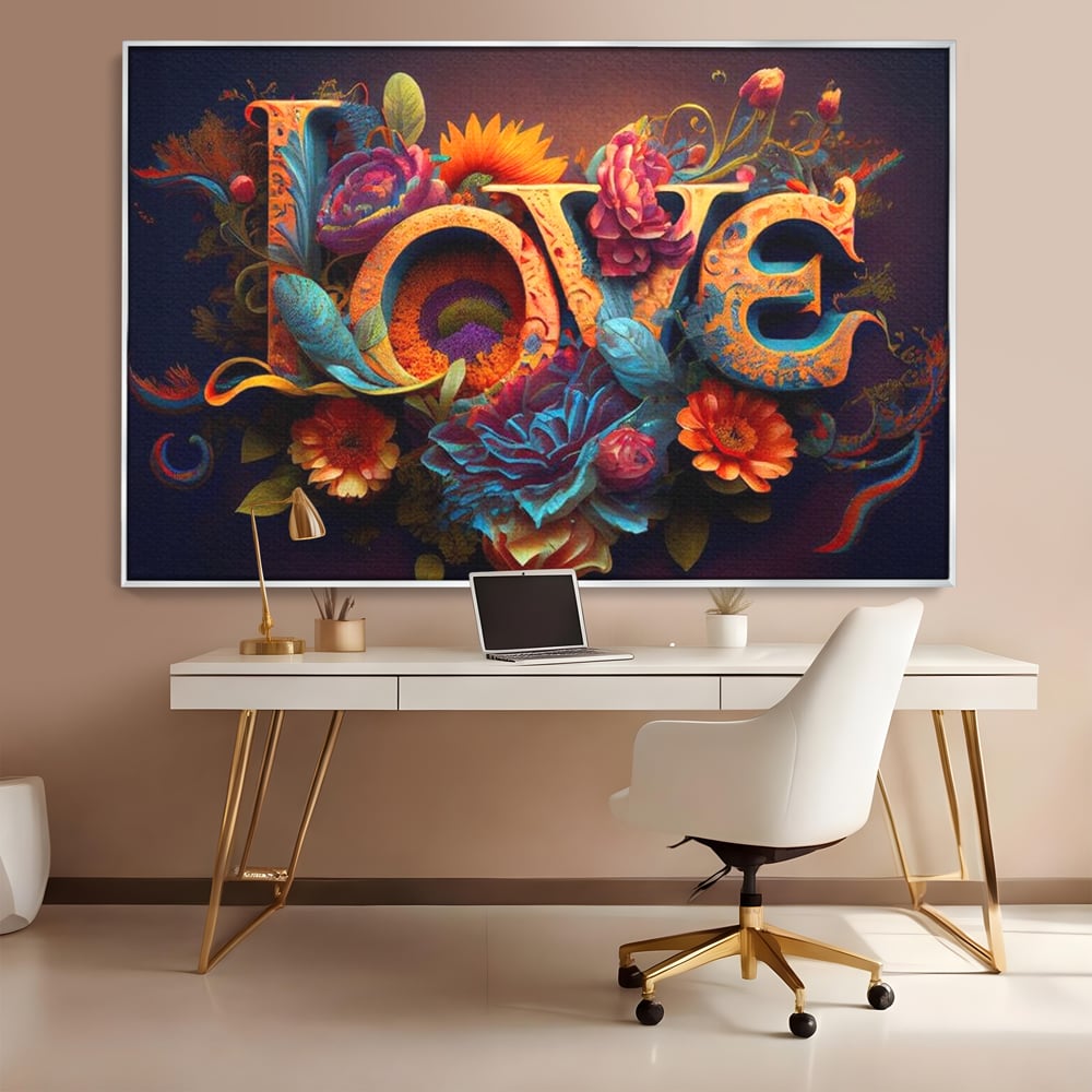 Tablou canvas cu tablou canvas cu litere florale stilizate, in rama de aluminiu argintiu, pe perete intr-un birou